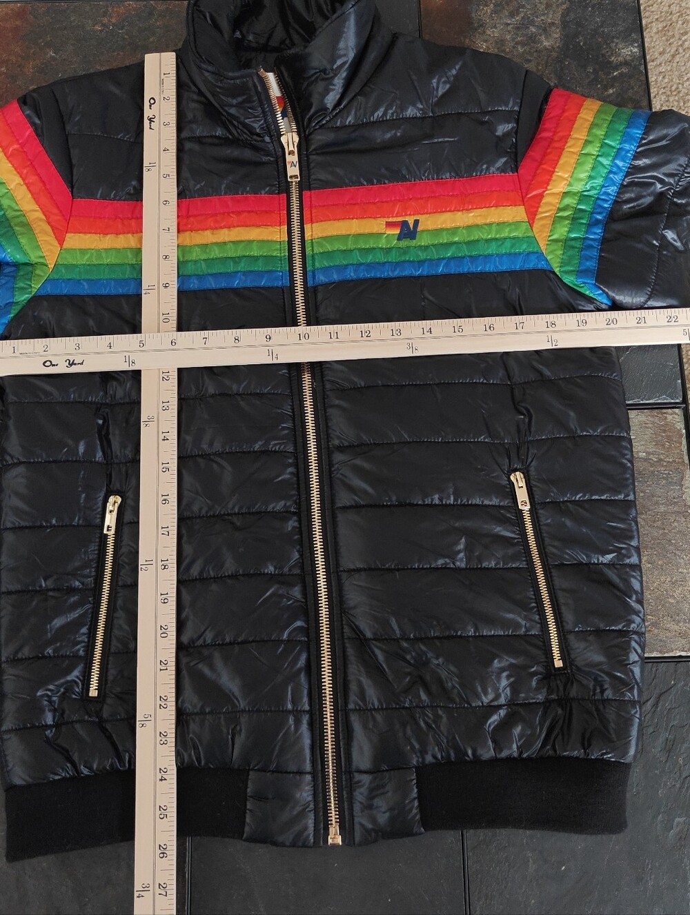 Aviator Nation  Rainbow Stripe Puffer Jacket – Black – Size L - Picture 7 of 8